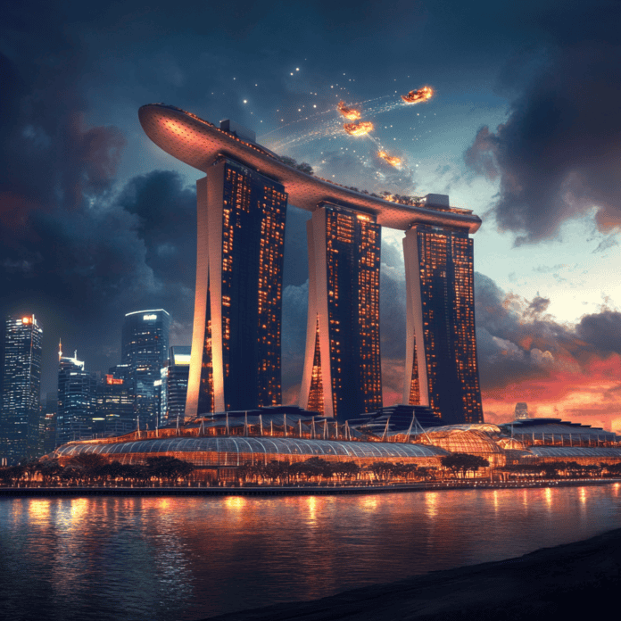 Illustration of Marina Bay Sands, a mythical realm inspired by Marina Bay Sands, central to folklore.