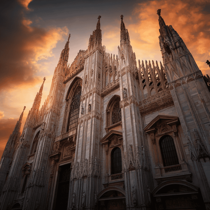 Illustration of Milan Cathedral, a mythical realm inspired by Milan Cathedral, central to folklore.