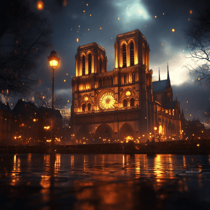 Illustration of Notre-Dame, a mythical realm inspired by Notre-Dame, central to folklore.