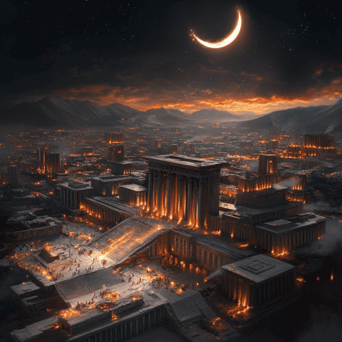 Illustration of Persepolis, a mythical realm inspired by Persepolis, central to folklore