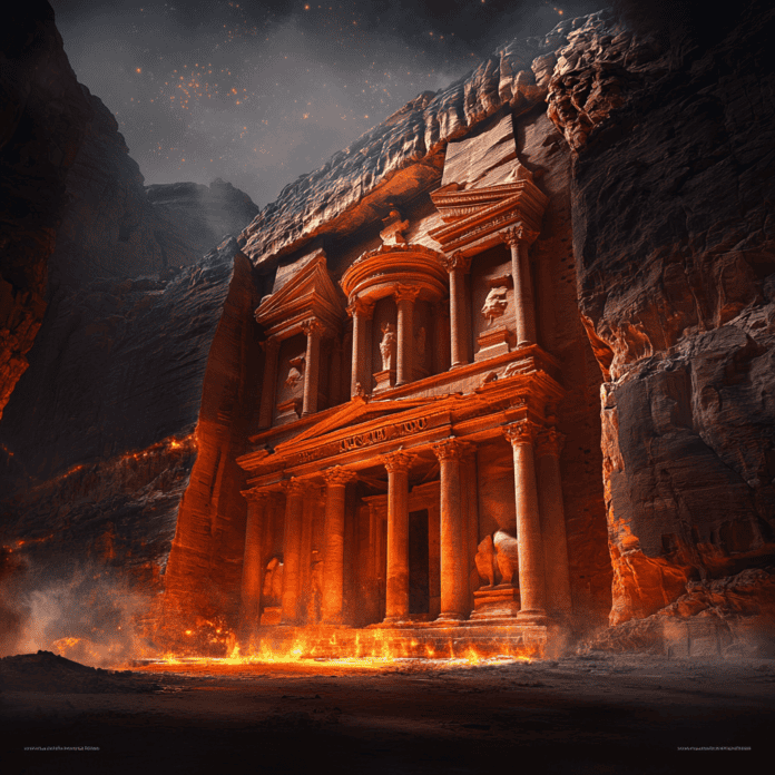 Illustration of Petra, a mythical realm inspired by Petra, central to folklore