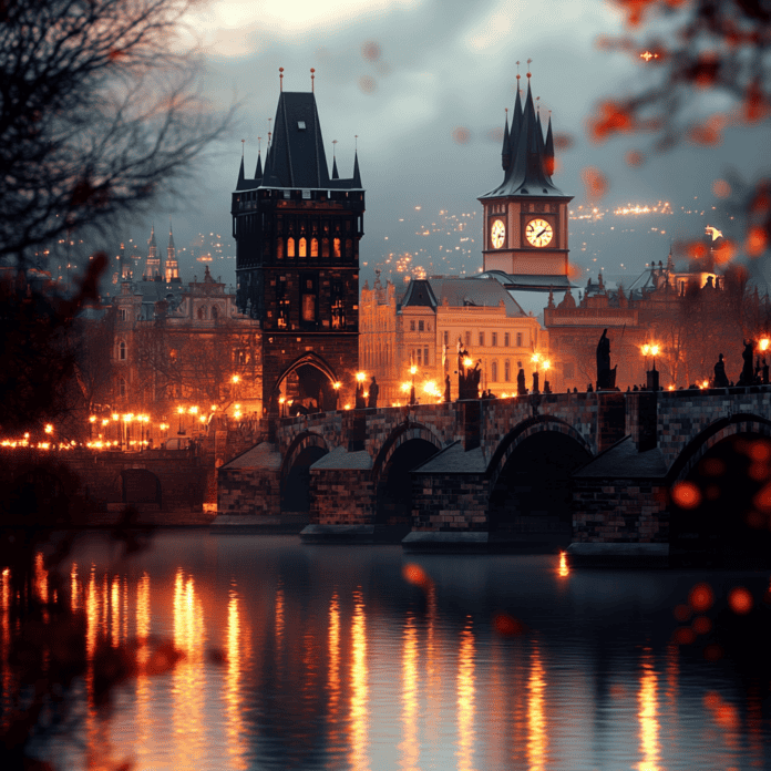 Illustration of Prague, a mythical realm inspired by Prague, central to folklore.