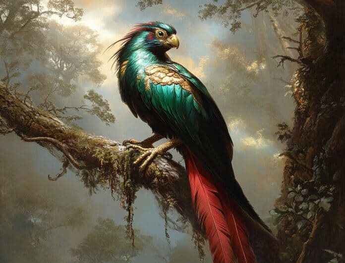 Illustration of Quetzal, a mythical realm inspired by Quetzal, central to folklore.
