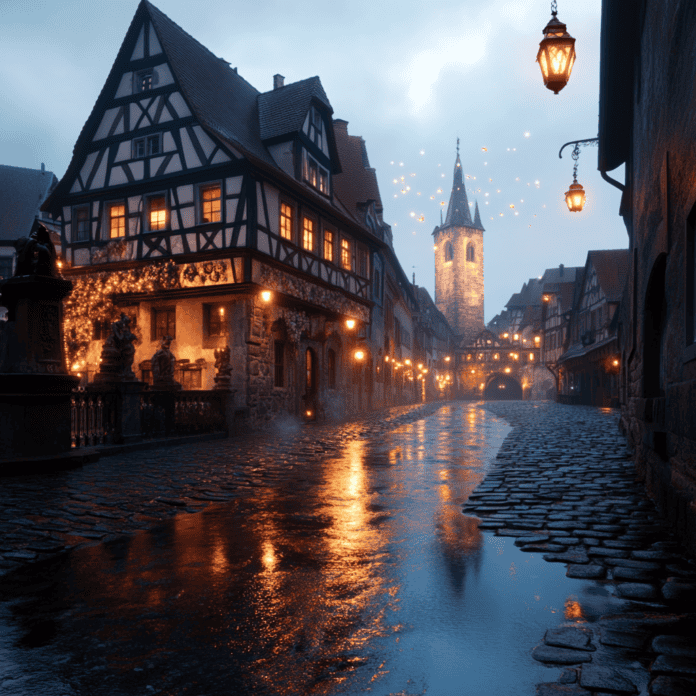 Illustration of Rothenburg ob der Tauber, a mythical realm inspired by Rothenburg ob der Tauber, central to folklore