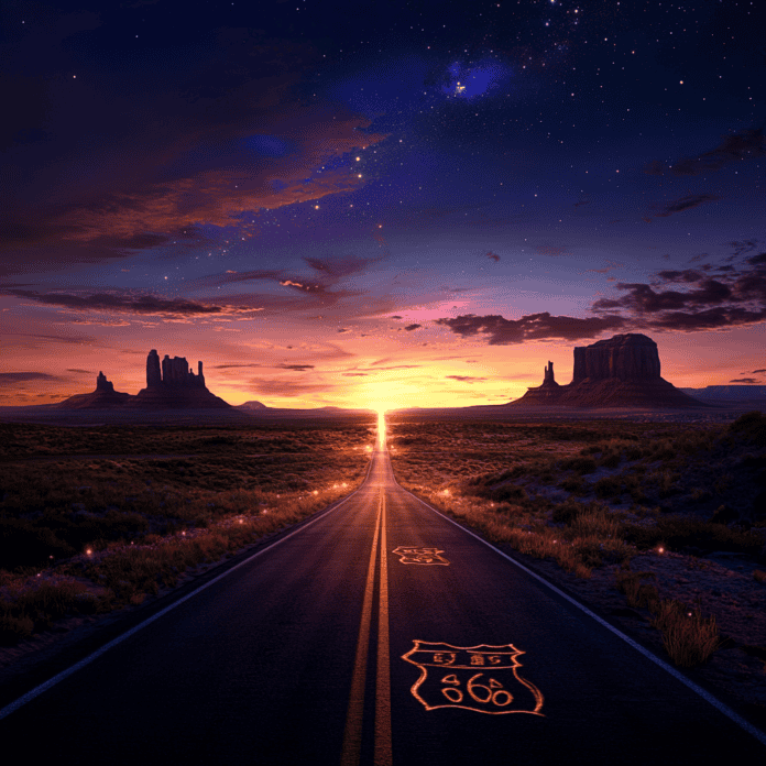 Illustration of Route 66, a mythical realm inspired by Route 66, central to folklore.