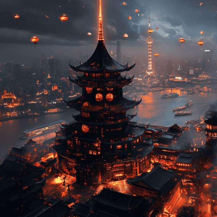 Illustration of Shanghai, a mythical realm inspired by Shanghai, central to folklore