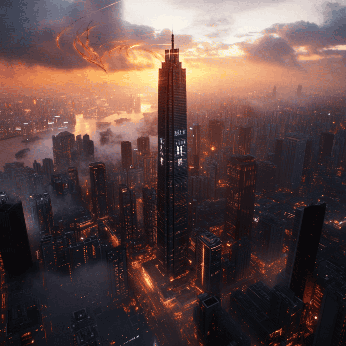 Illustration of Shenzhen, a mythical realm inspired by Shenzhen, central to folklore