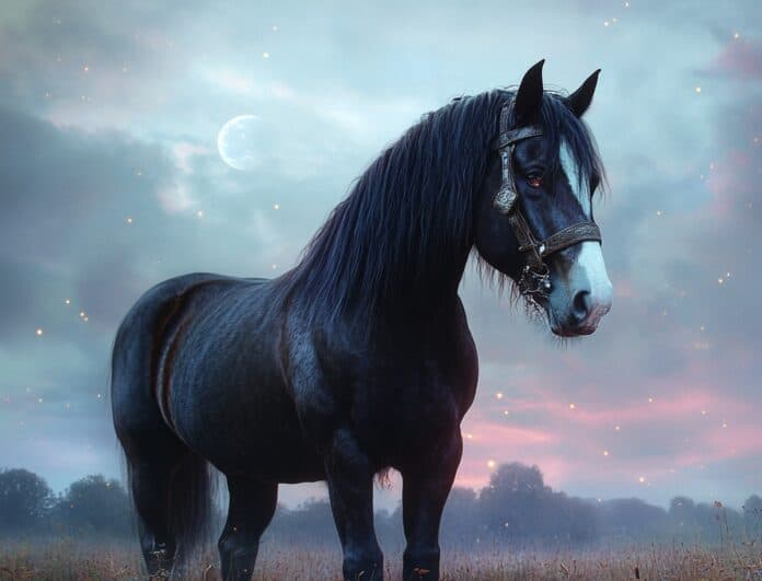 Illustration of Shire, a mythical realm inspired by Shire Horse, central to folklore.