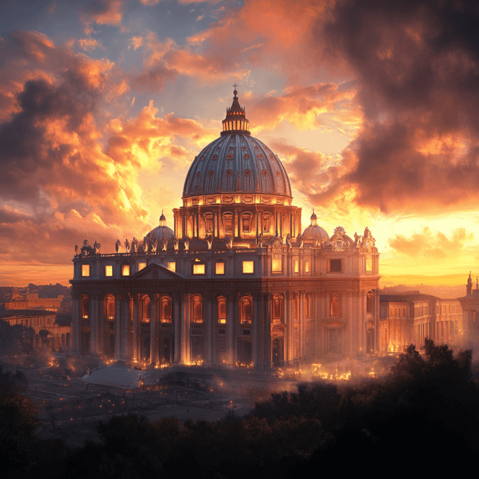 Illustration of St. Peter’s Basilica, a mythical realm inspired by St. Peter’s Basilica, central to folklore.
