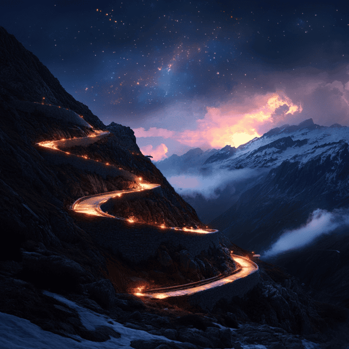 Illustration of Stelvio Pass, a mythical realm inspired by Stelvio Pass, central to folklore