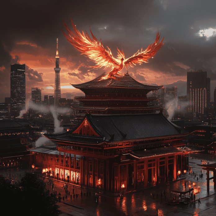 Illustration of Tokyo, a mythical realm inspired by Tokyo, central to folklore.