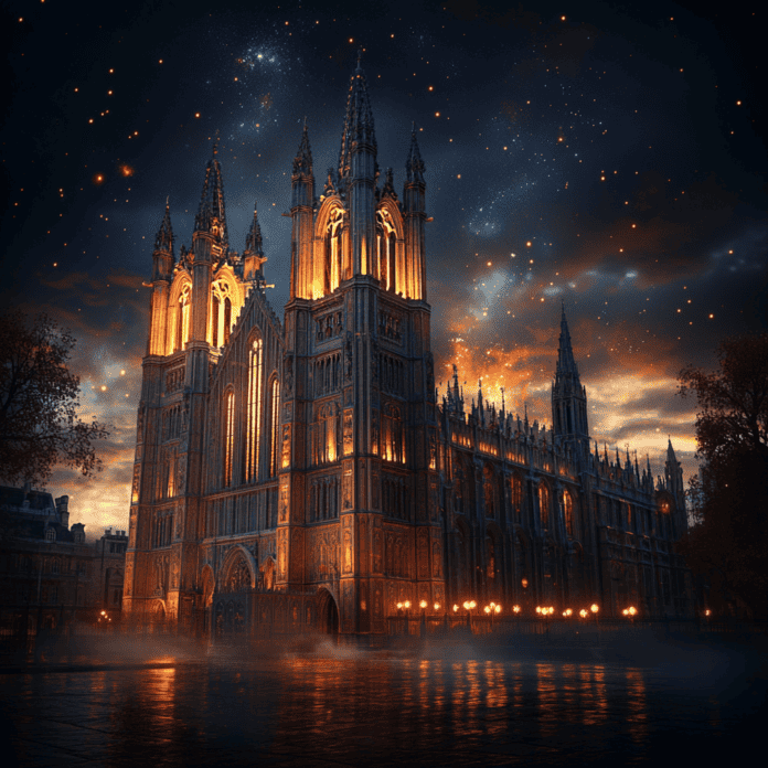 Illustration of Westminster Abbey, a mythical realm inspired by Westminster Abbey, central to folklore.